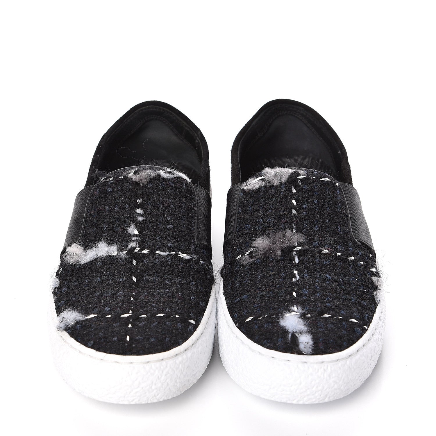 Chanel Suede Calfskin Tweed Womens Slip On Sneakers 35 Black Navy Silver 3 of 10