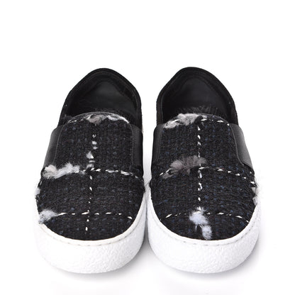 Chanel Suede Calfskin Tweed Womens Slip On Sneakers 35 Black Navy Silver 3 of 10
