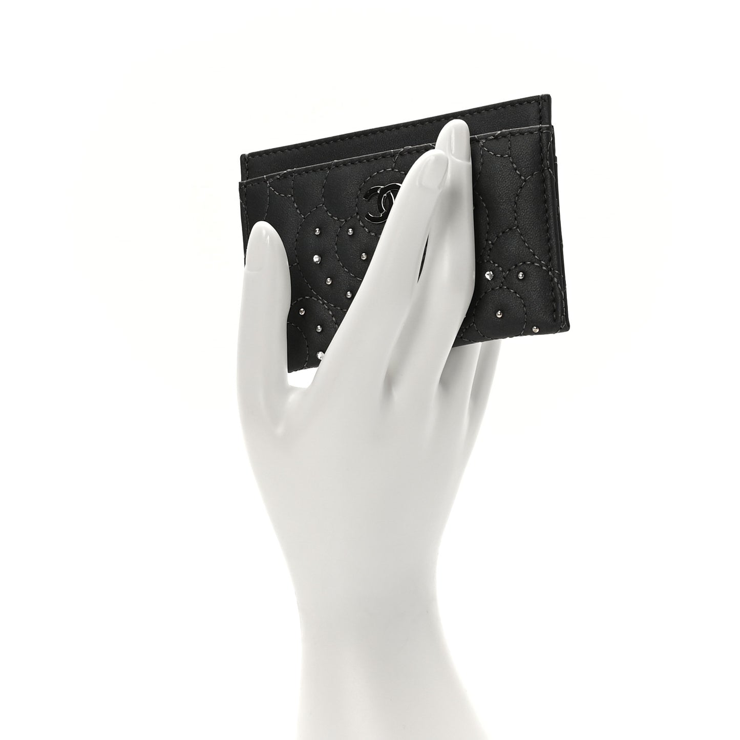 Lambskin Crystal Camellia Embossed Card Holder Black