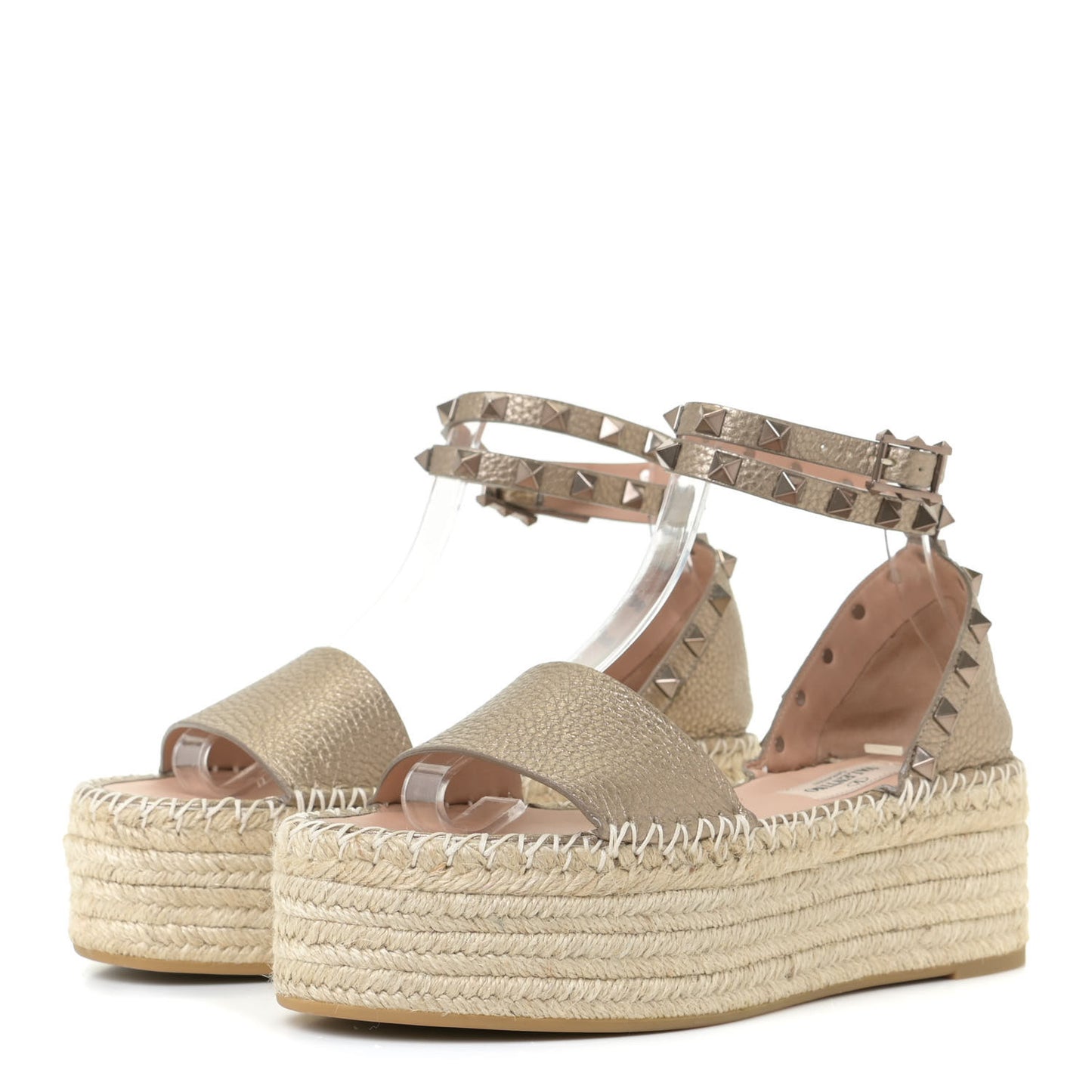 Metallic Grained Calfskin Rockstud Ankle Wrap Espadrille Flatform Sandals 36 Skin Natural