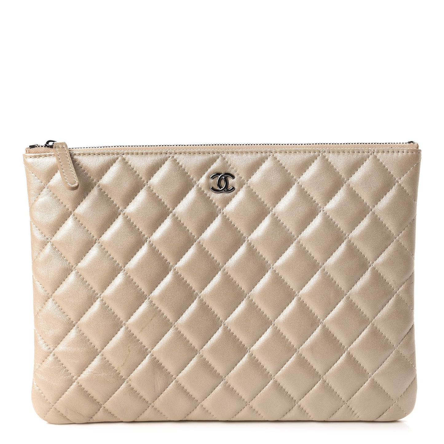 Iridescent Lambskin Quilted Medium Cosmetic Case Beige