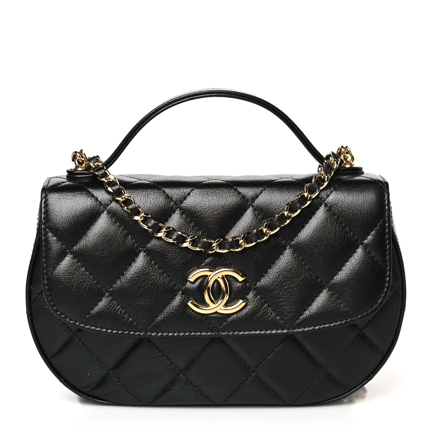 Shiny Aged Calfskin Quilted Top Handle Clutch With Chain Black