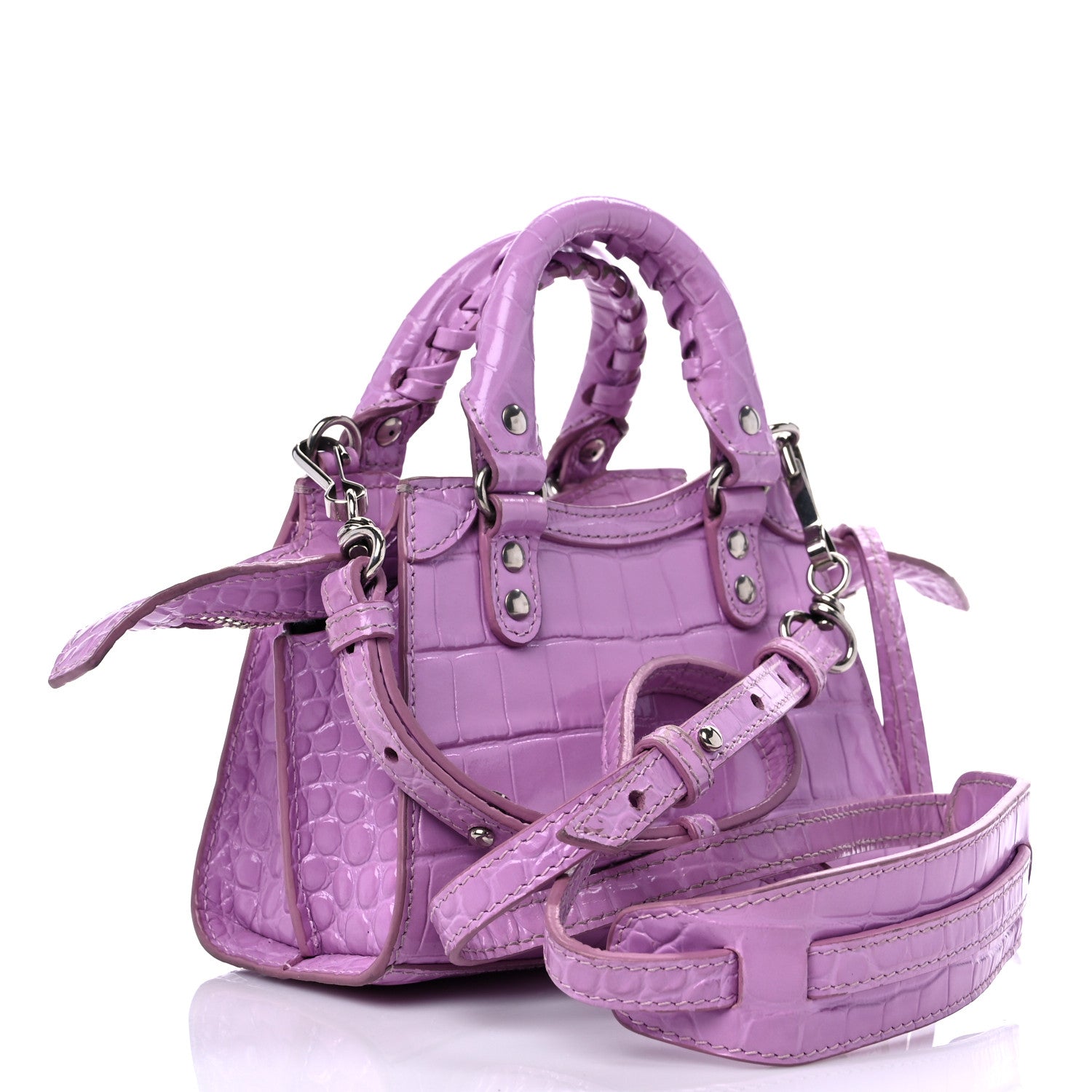 Balenciaga Calfskin Crocodile Embossed Neo Classic Silver Hardware Nano City Crossbody Lilac 3 of 14