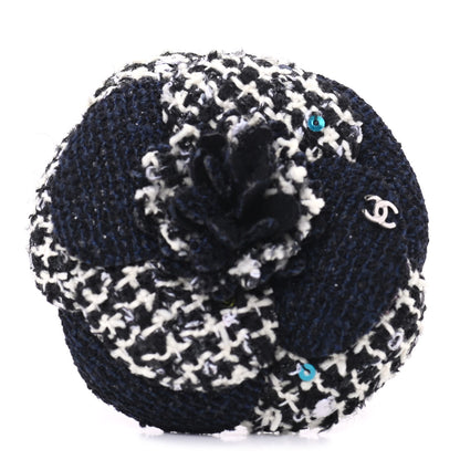 Chanel Tweed Camellia Brooch Navy Black White 1 of 4