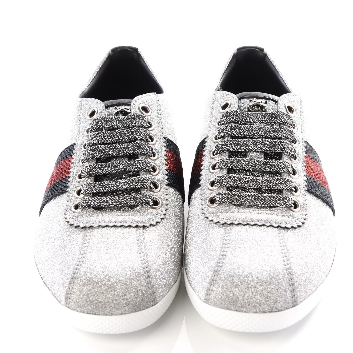 Gucci Glitter Fabric Studded Web Sneakers 36 Silver 3 of 8