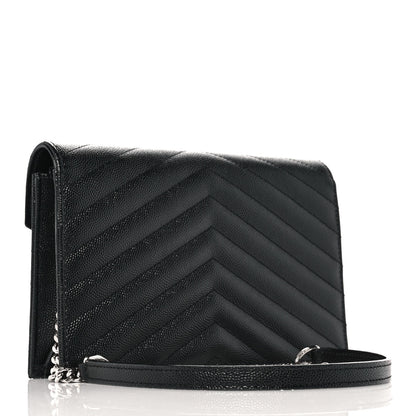 Saint Laurent Grain De Poudre Matelasse Chevron Monogram Envelope Chain Wallet Black 2 of 9