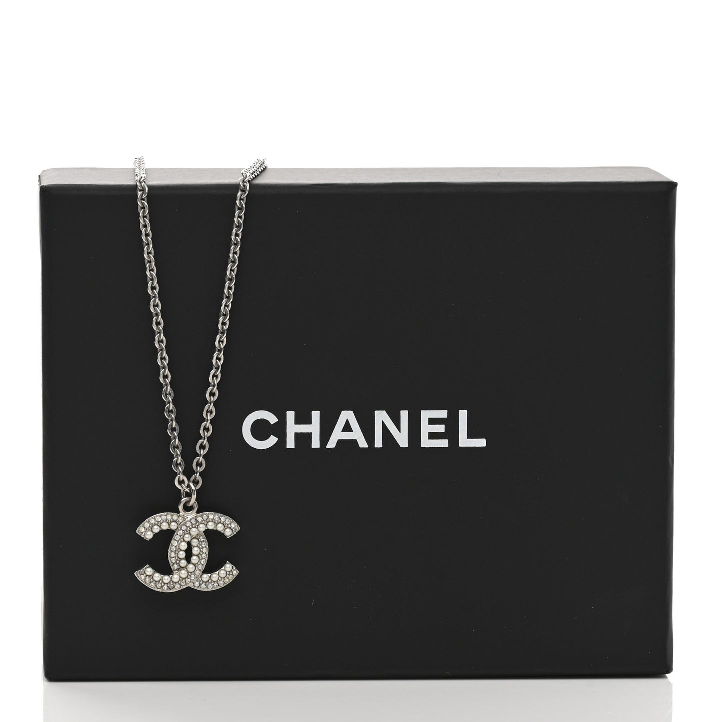Crystal Pearl CC Pendant Necklace Silver