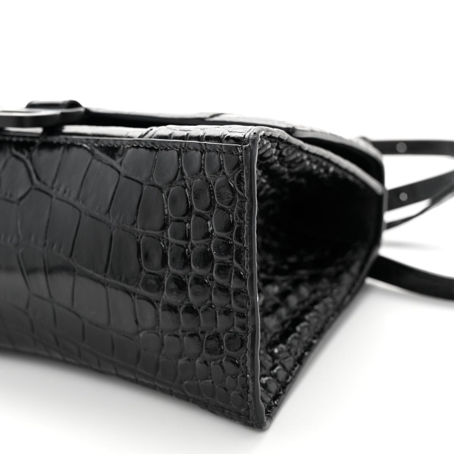 Shiny Calfskin Monochrome Crocodile Embossed Small Hourglass Top Handle Bag Black