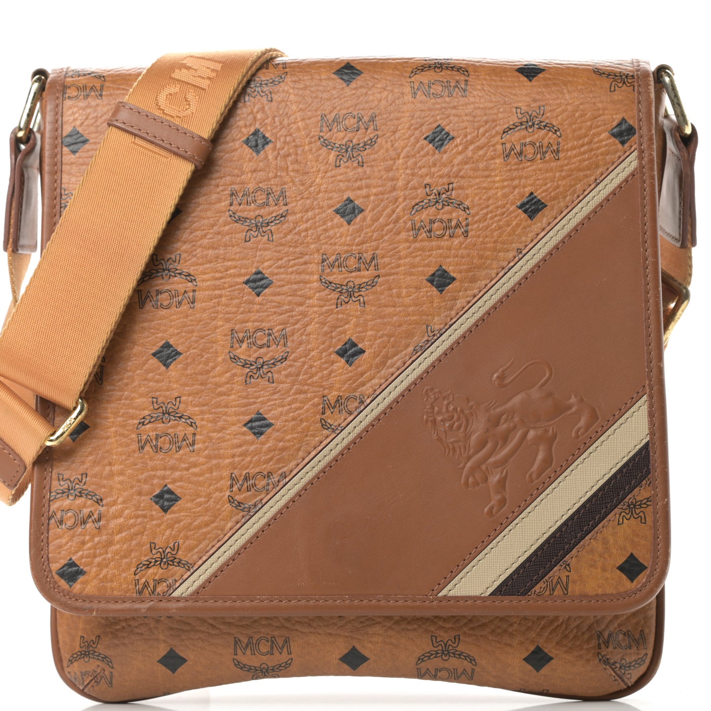 Calfskin Visetos Small Munich Lion Messenger Cognac