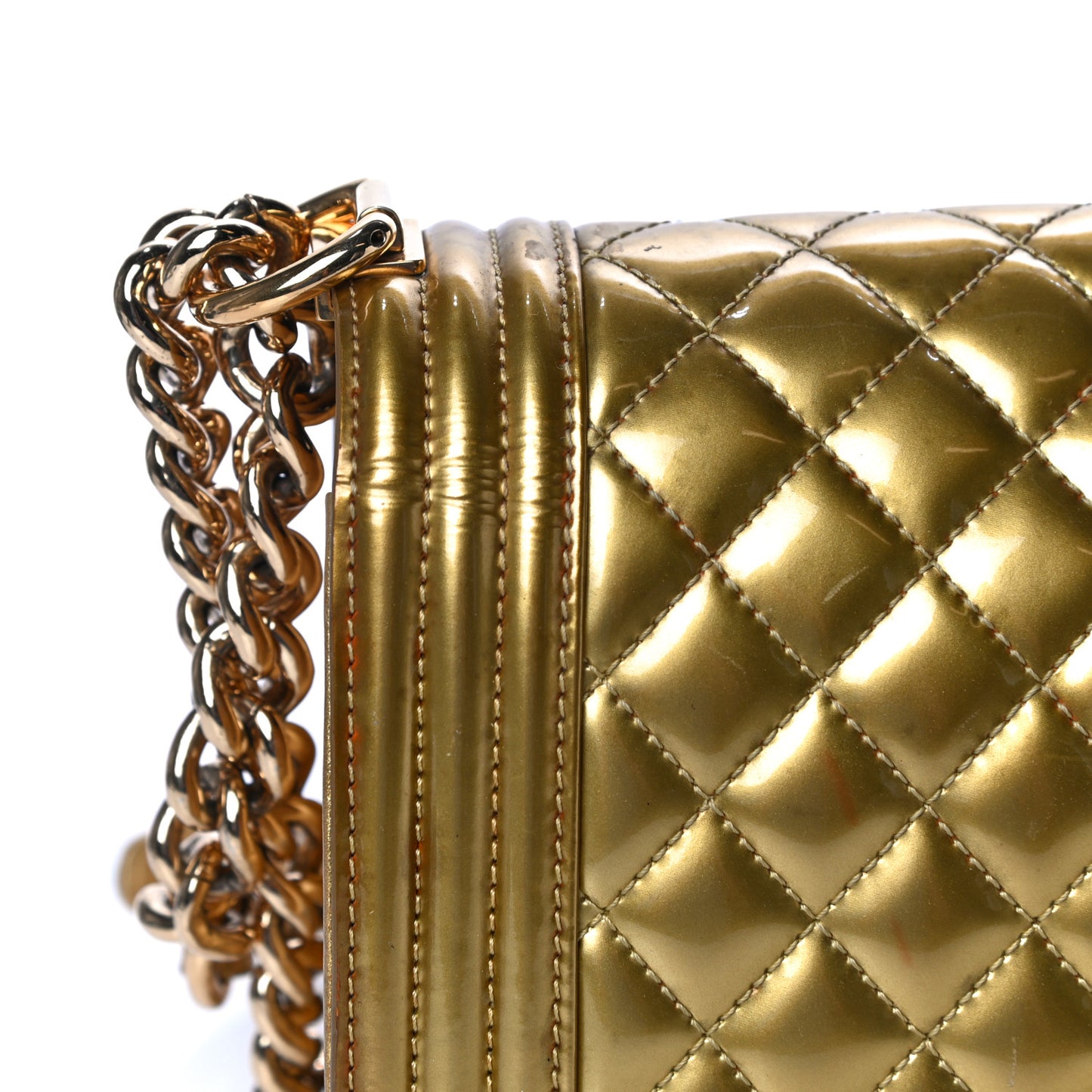 Metallic Patent Calfskin Quilted Medium Boy Flap Gold