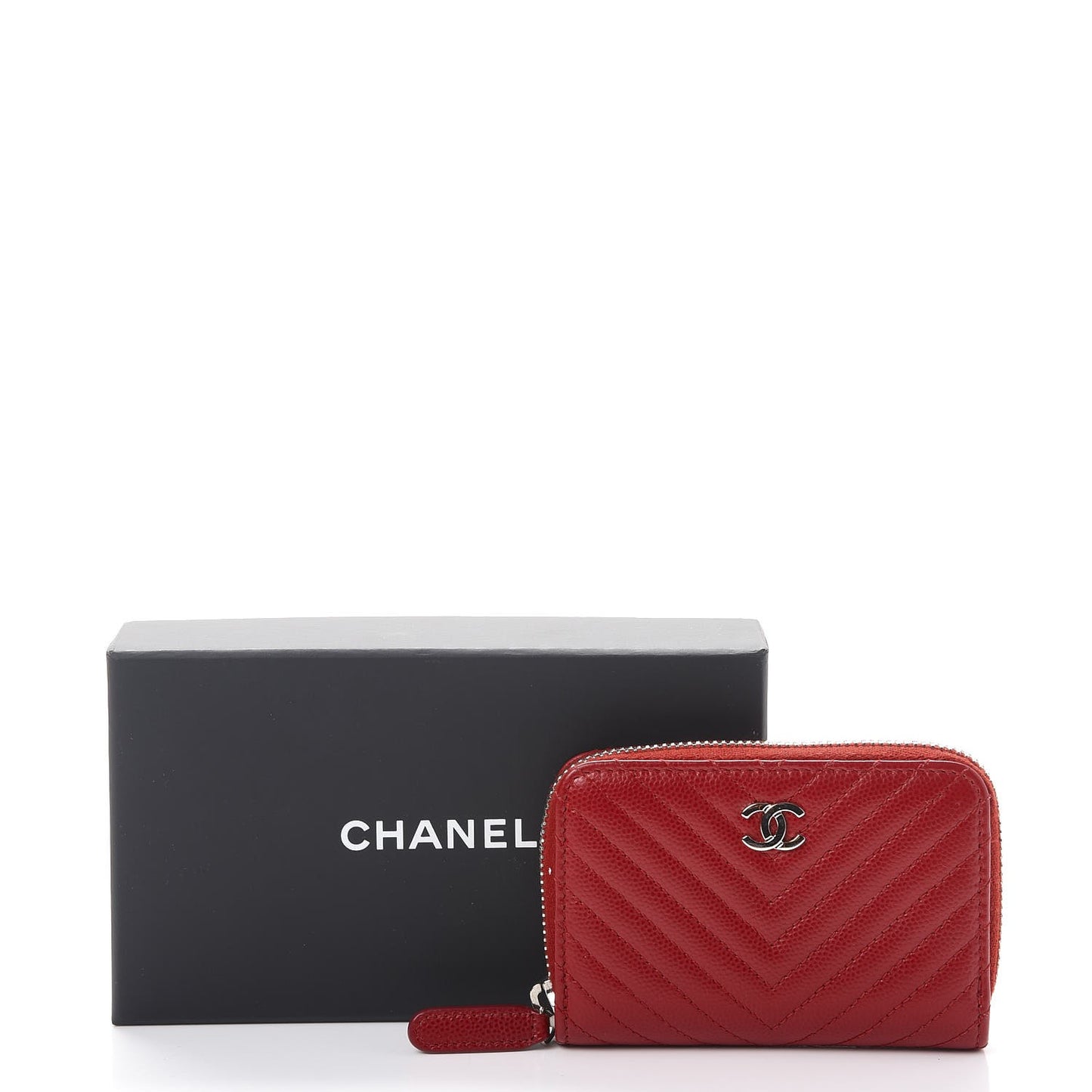 Caviar Chevron Quilted Zip Around Coin Purse Red