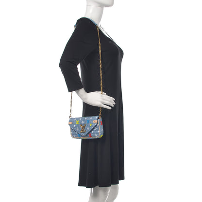 Louis Vuitton Embroidered Monogram Denim New Wave Chain Pochette Blue 2 of 14