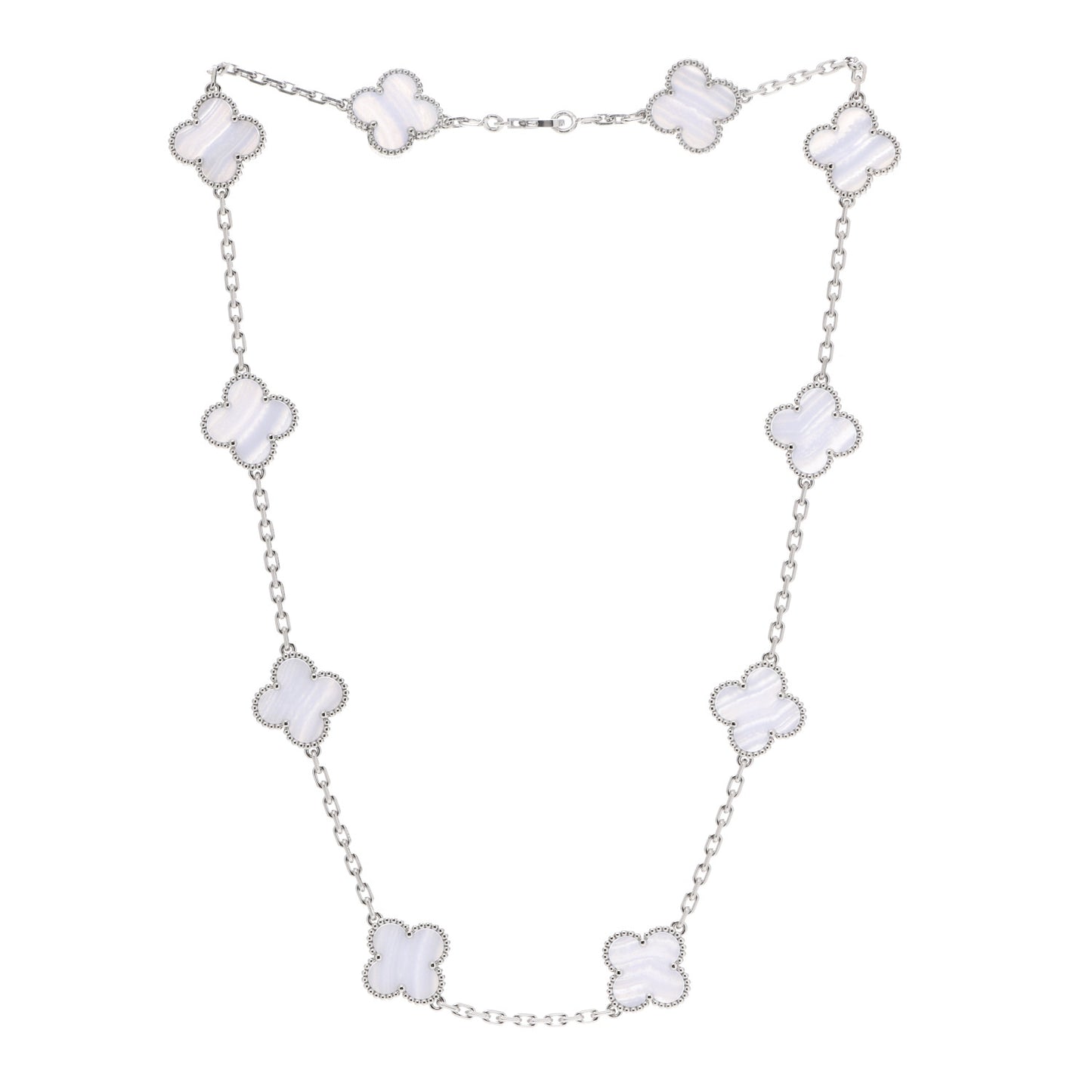 18K White Gold Chalcedony 10 Motifs Vintage Alhambra Necklace