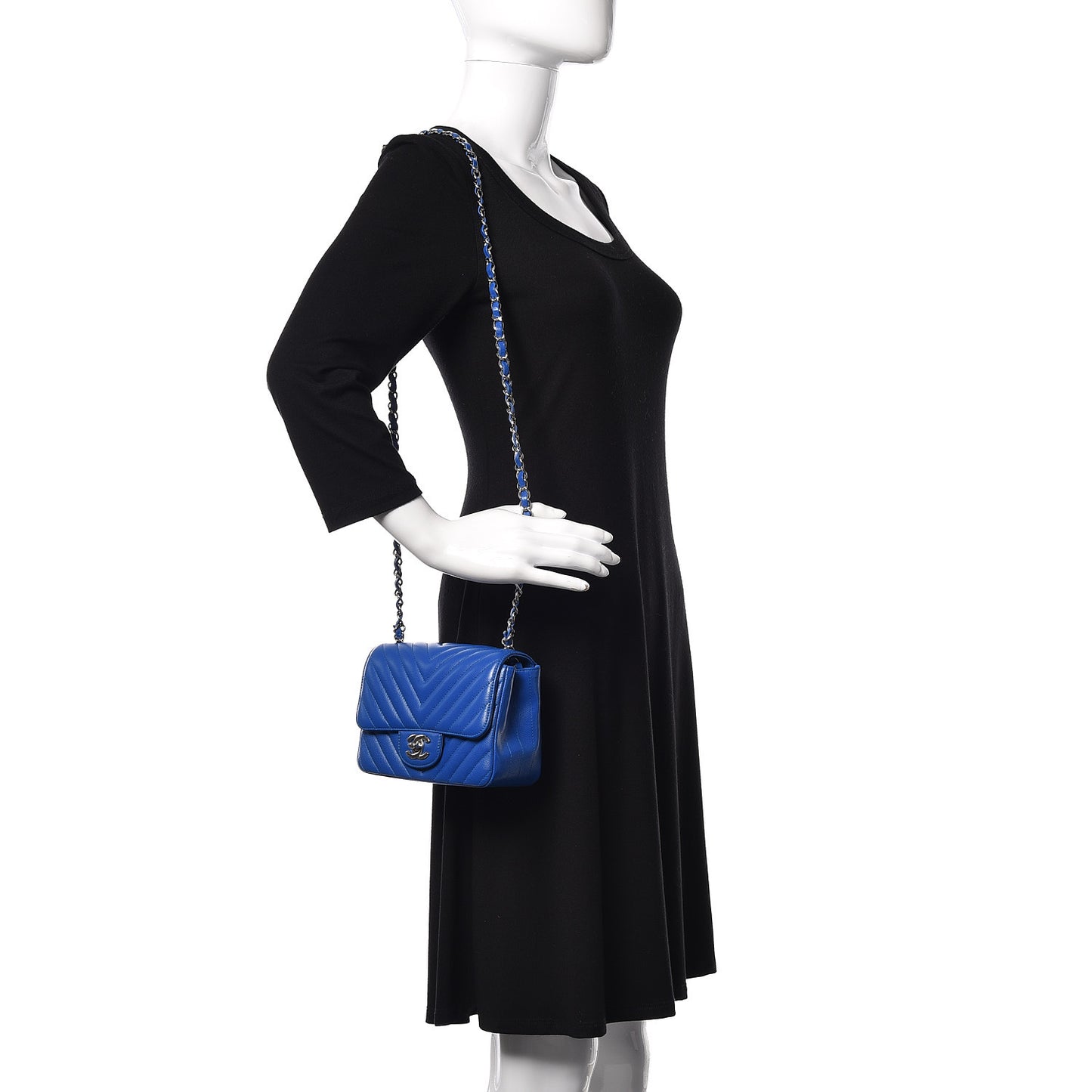 Caviar Chevron Quilted Mini Square Flap Blue