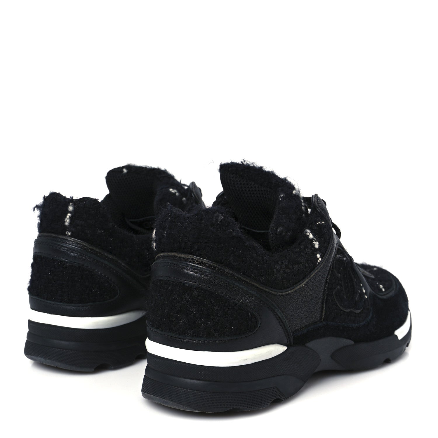Chanel Tweed Suede Goatskin CC Sneakers 37 Black White 5 of 9