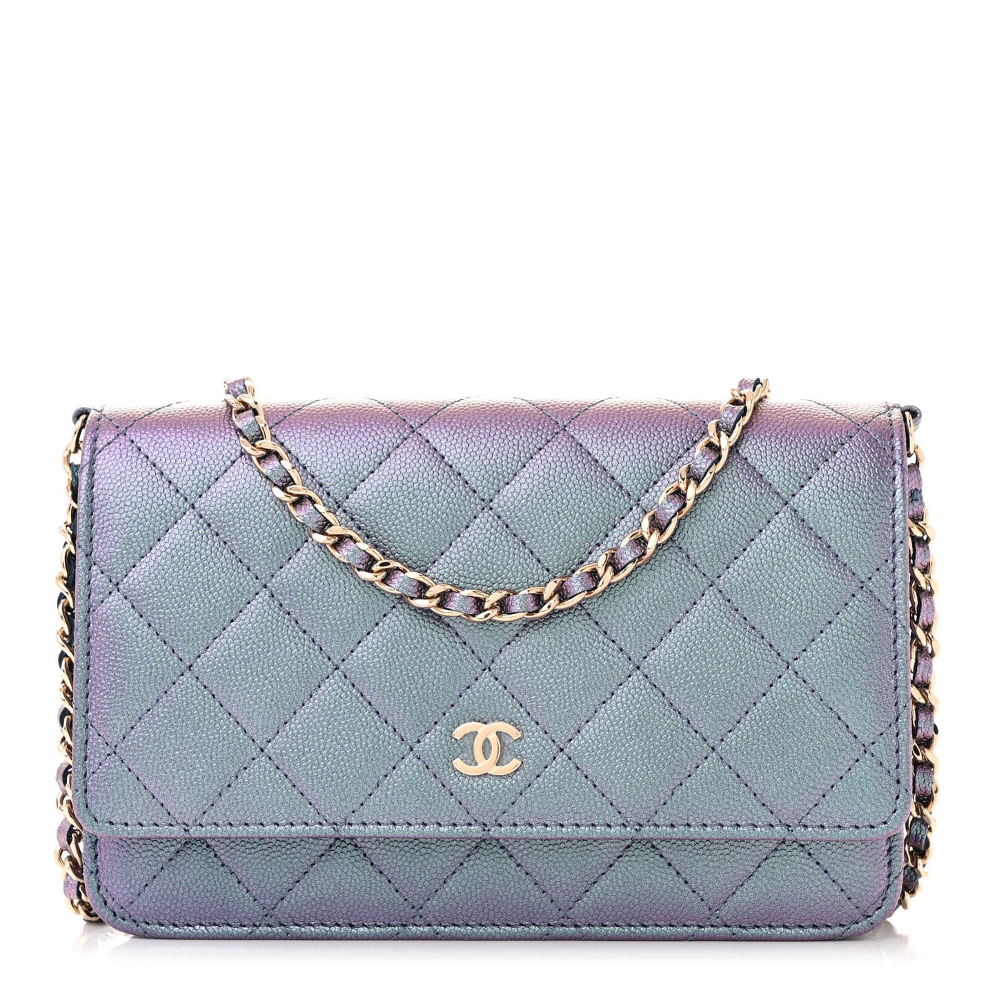 Iridescent Caviar Quilted Wallet on Chain WOC Dark Blue