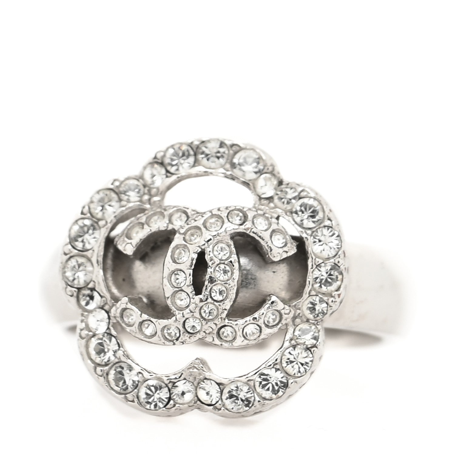 Chanel Crystal Coco Flapper Camellia CC Ring 49 5 Silver 1 of 4
