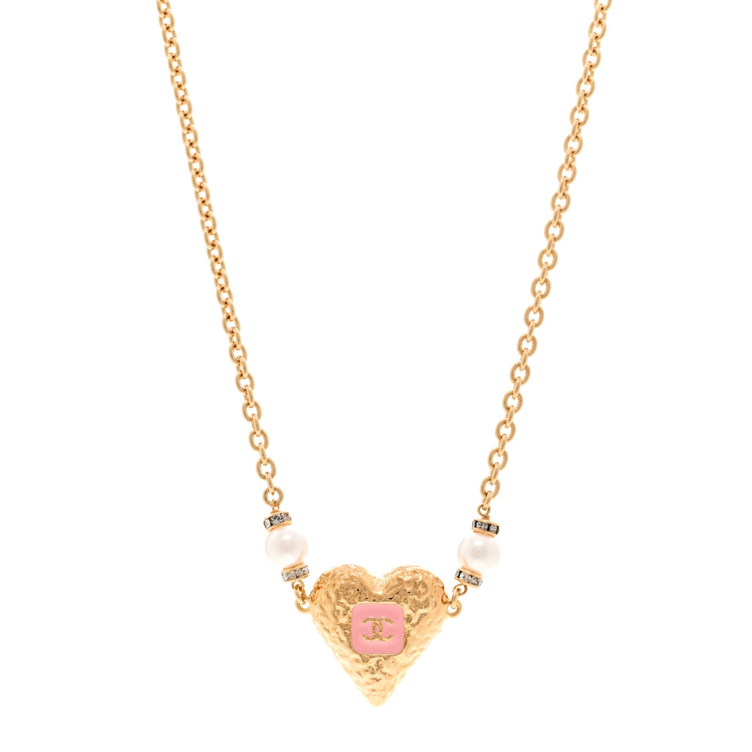 Chanel Resin Crystal Pearl Chain Heart CC Pendant Choker Necklace Pink White Gold 1 of 6