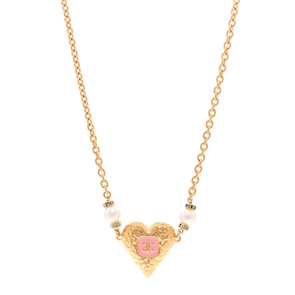 Chanel Resin Crystal Pearl Chain Heart CC Pendant Choker Necklace Pink White Gold 1 of 6