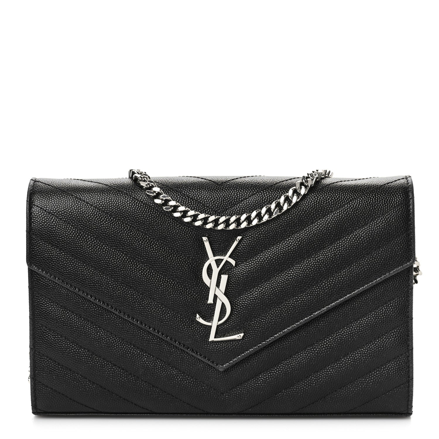 Saint Laurent Grain De Poudre Matelasse Chevron Monogram Chain Wallet Black 1 of 9