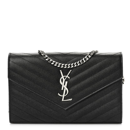 Saint Laurent Grain De Poudre Matelasse Chevron Monogram Chain Wallet Black 1 of 9