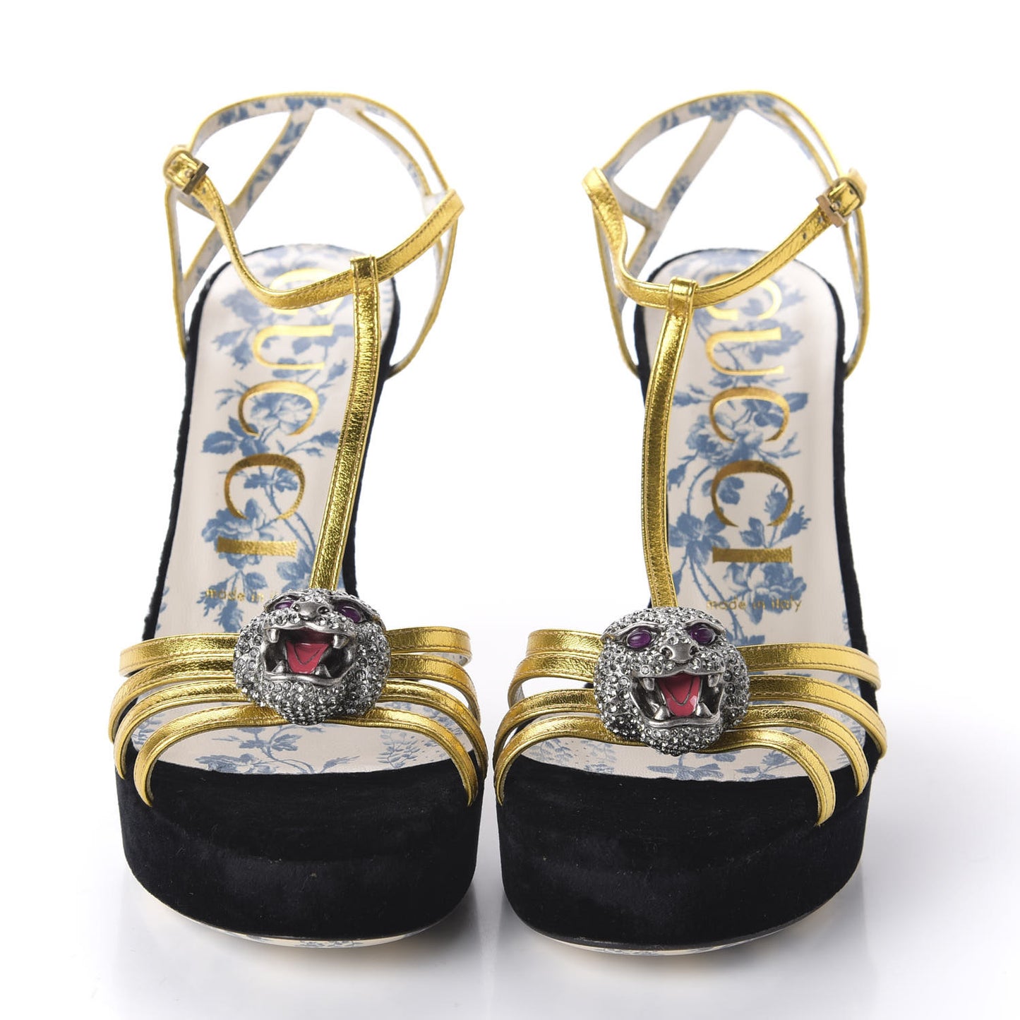 Velvet Nappa Elias T-Strap Platform High Heel Sandals 37 Black Gold