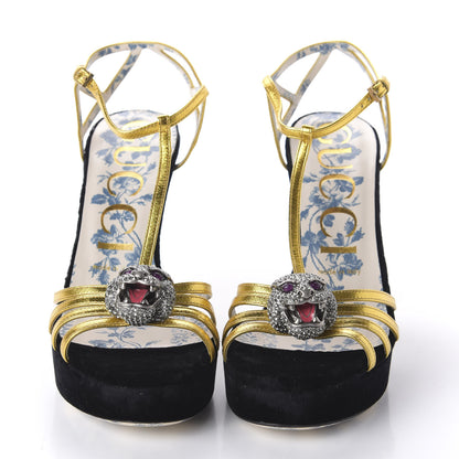 Gucci Velvet Nappa Elias T-Strap Platform High Heel Sandals 37 Black Gold 2 of 9