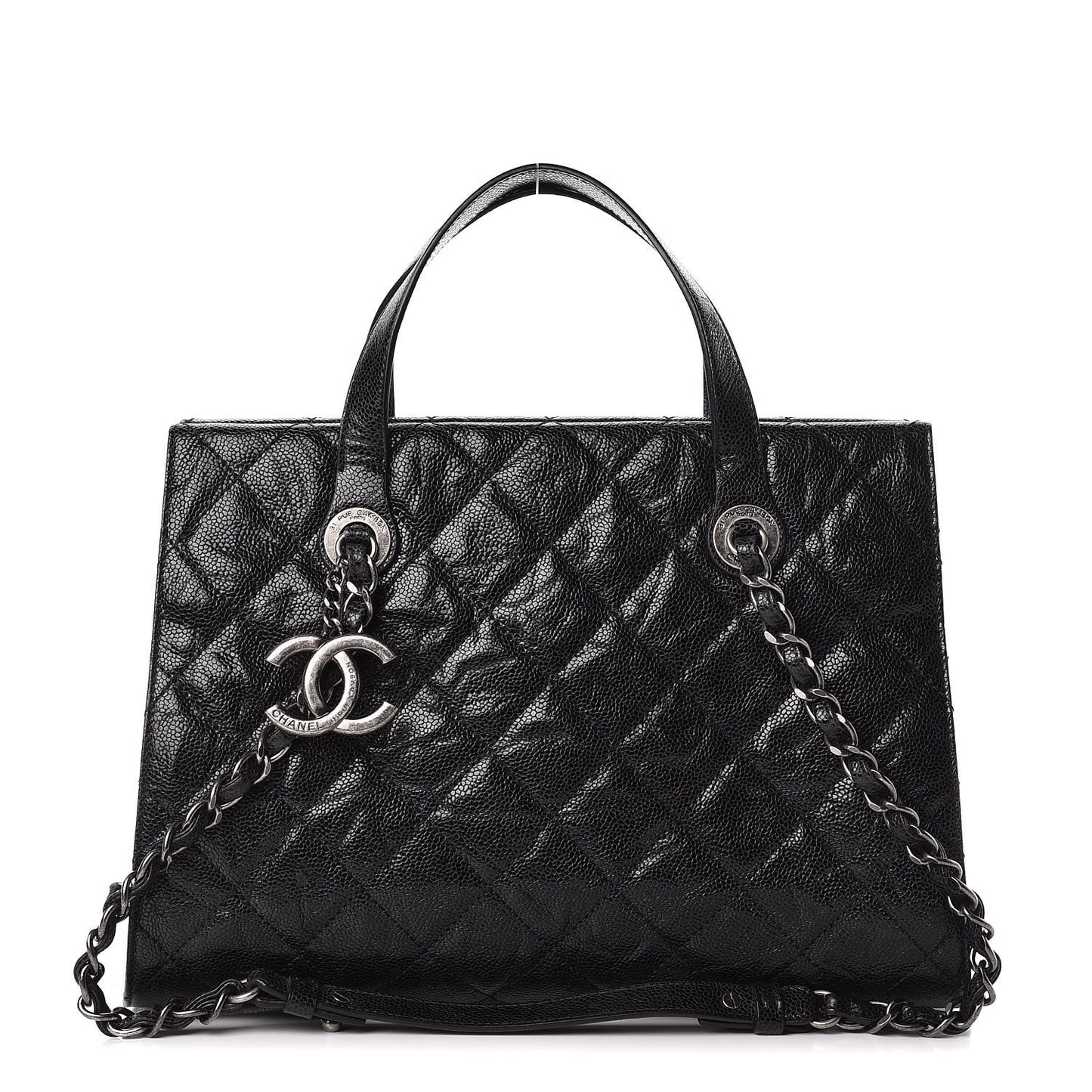Crumpled Grained Calfskin Quilted CC Crave Tote Black