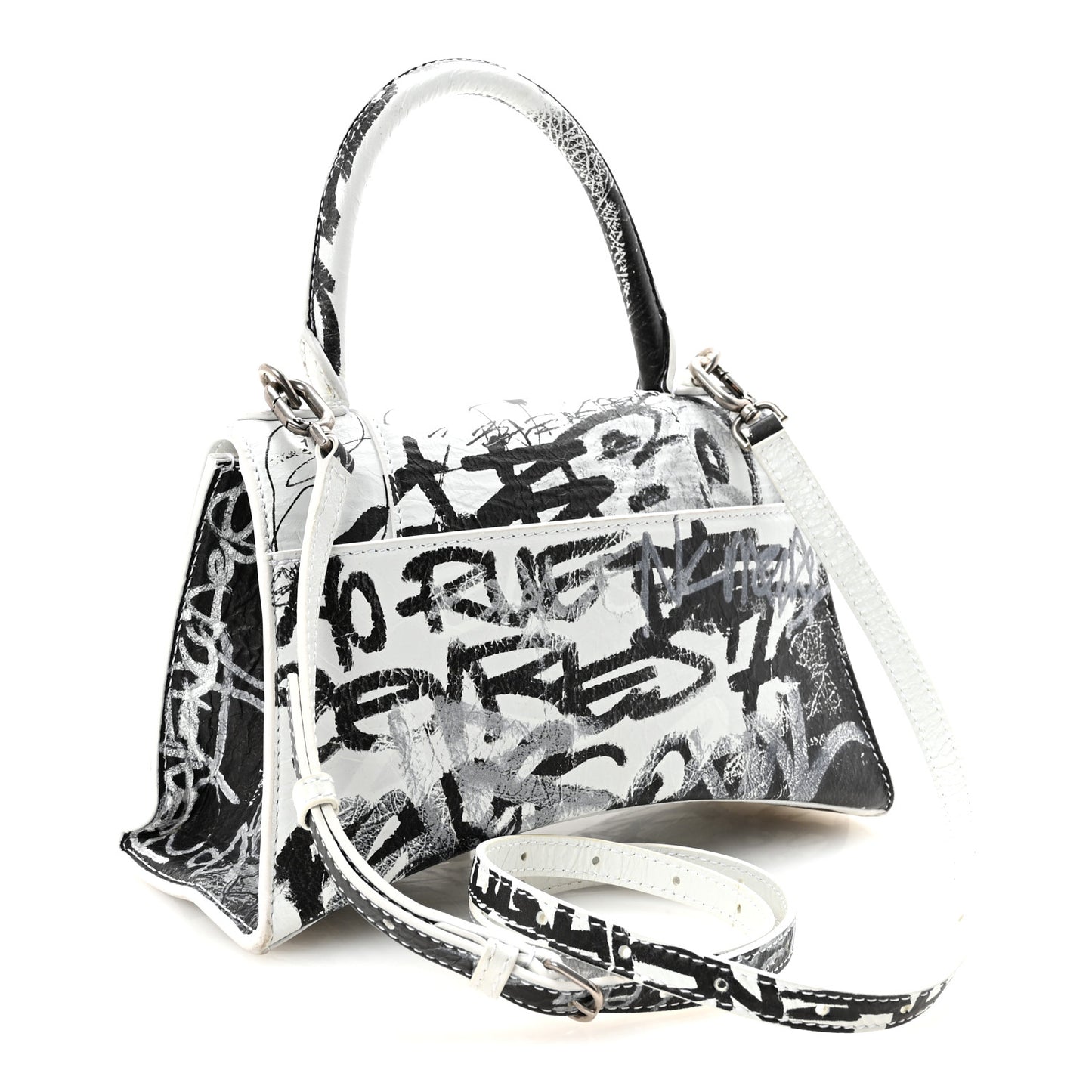 Smooth Calfskin Graffiti Hourglass Top Handle Bag Small White Black