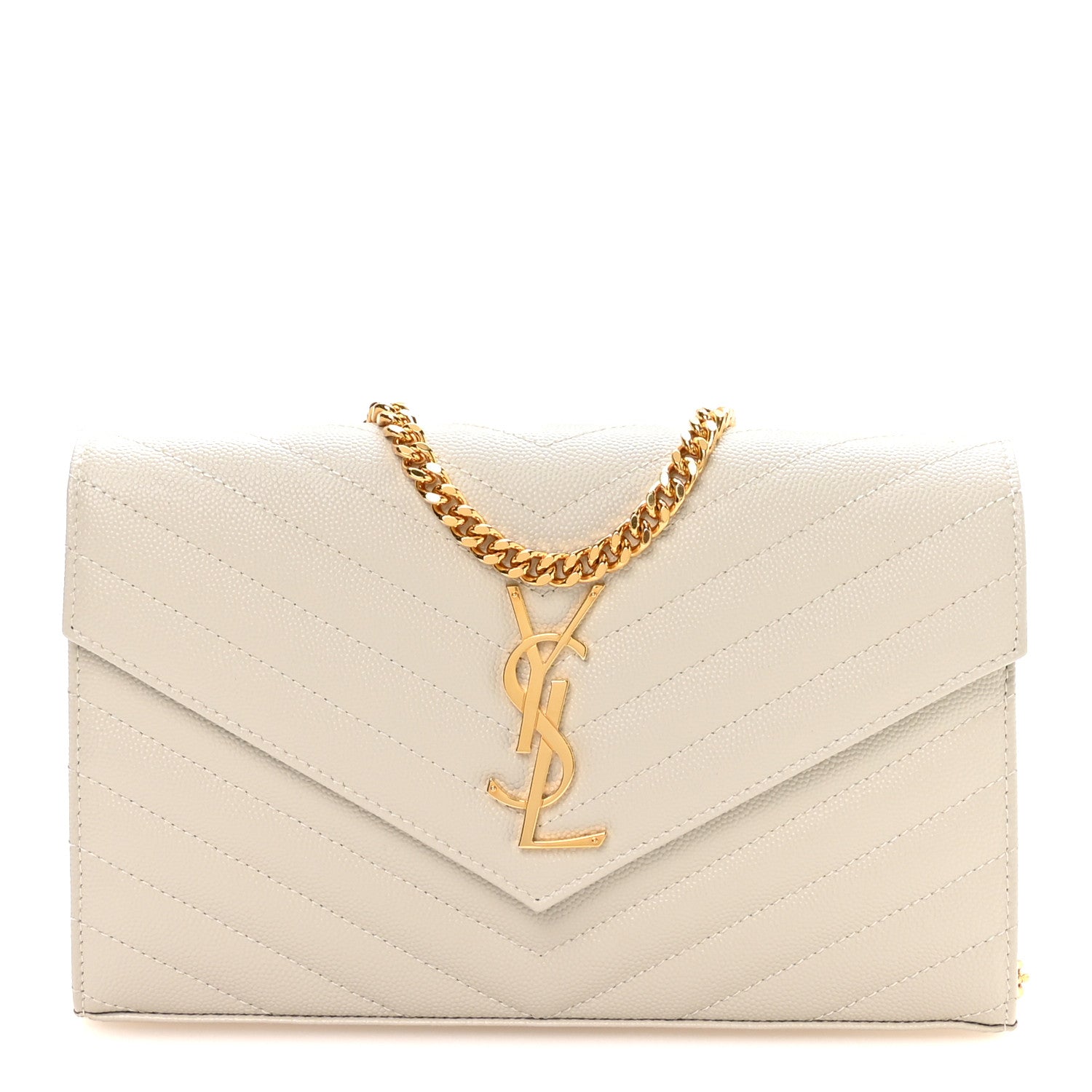 Saint Laurent Grain De Poudre Matelasse Chevron Monogram Chain Wallet Crema Soft 1 of 10
