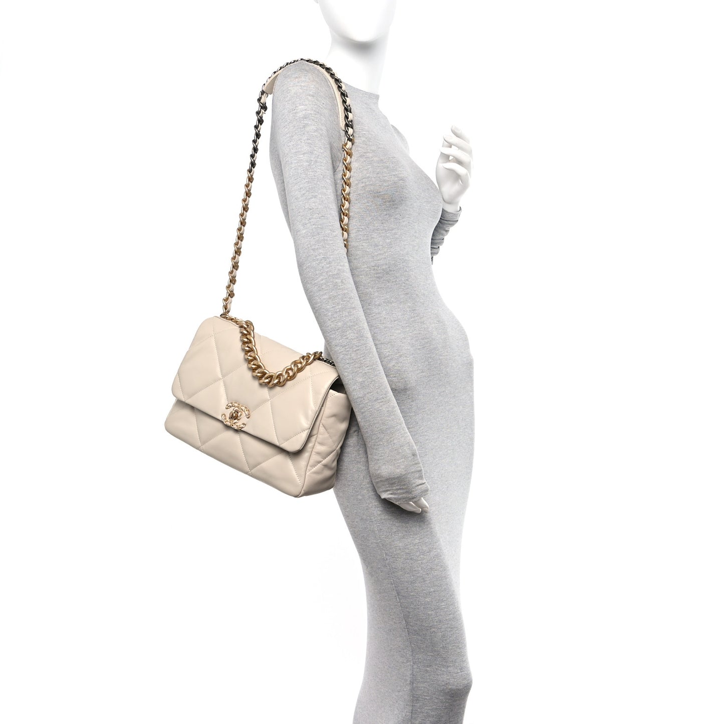 Goatskin Quilted Large Chanel 19 Flap Light Beige