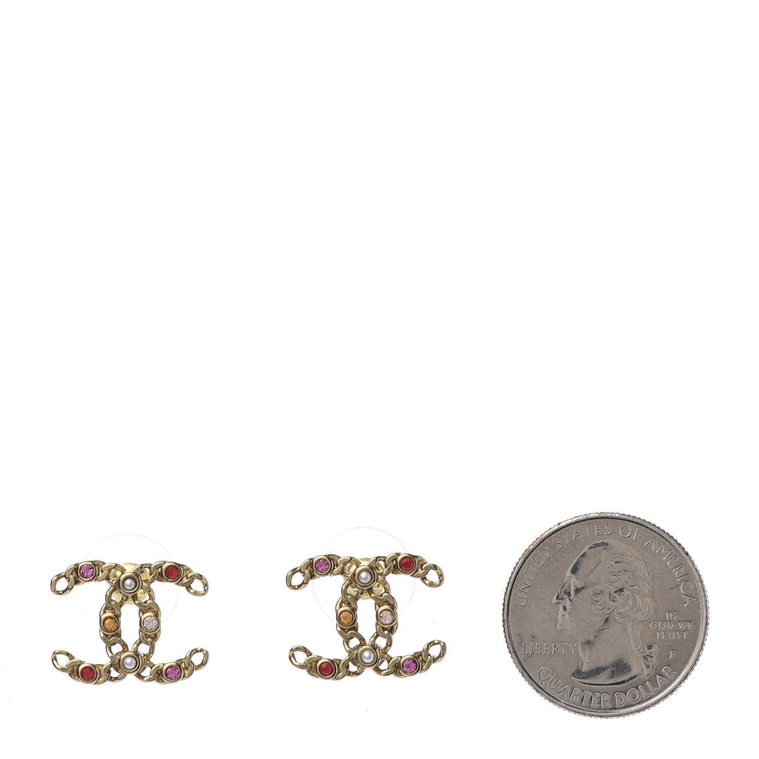 Chanel Pearl Crystal Chain Link CC Earrings Gold Red Pink Yellow 2 of 5