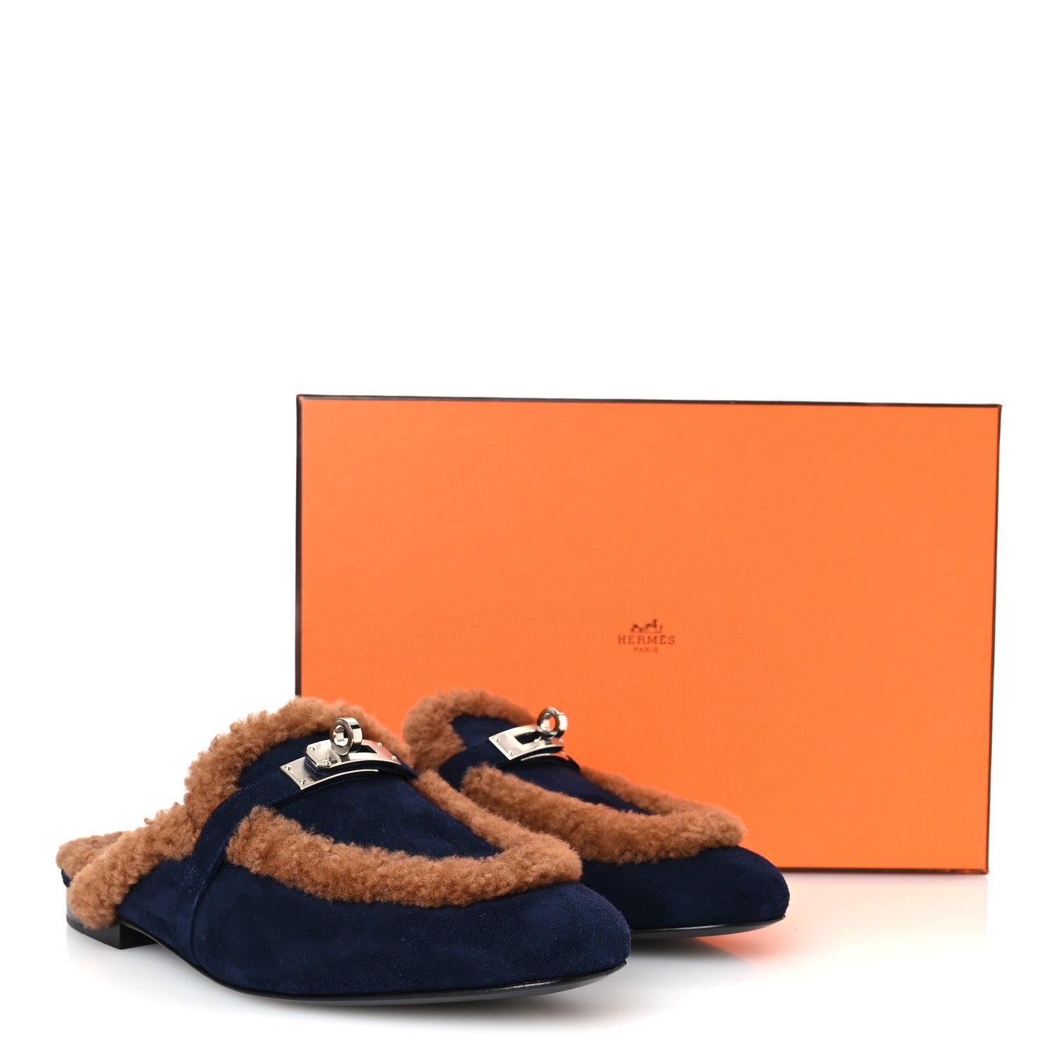 Hermes Suede Goatskin Woolskin Womens Oz Mules 36 Marine Gold 9 of 9