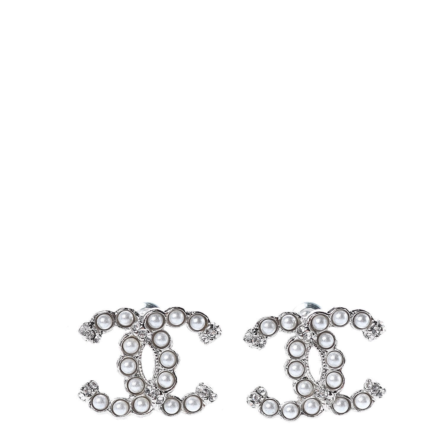 Pearl Crystal CC Regalia Small Button Earrings Silver