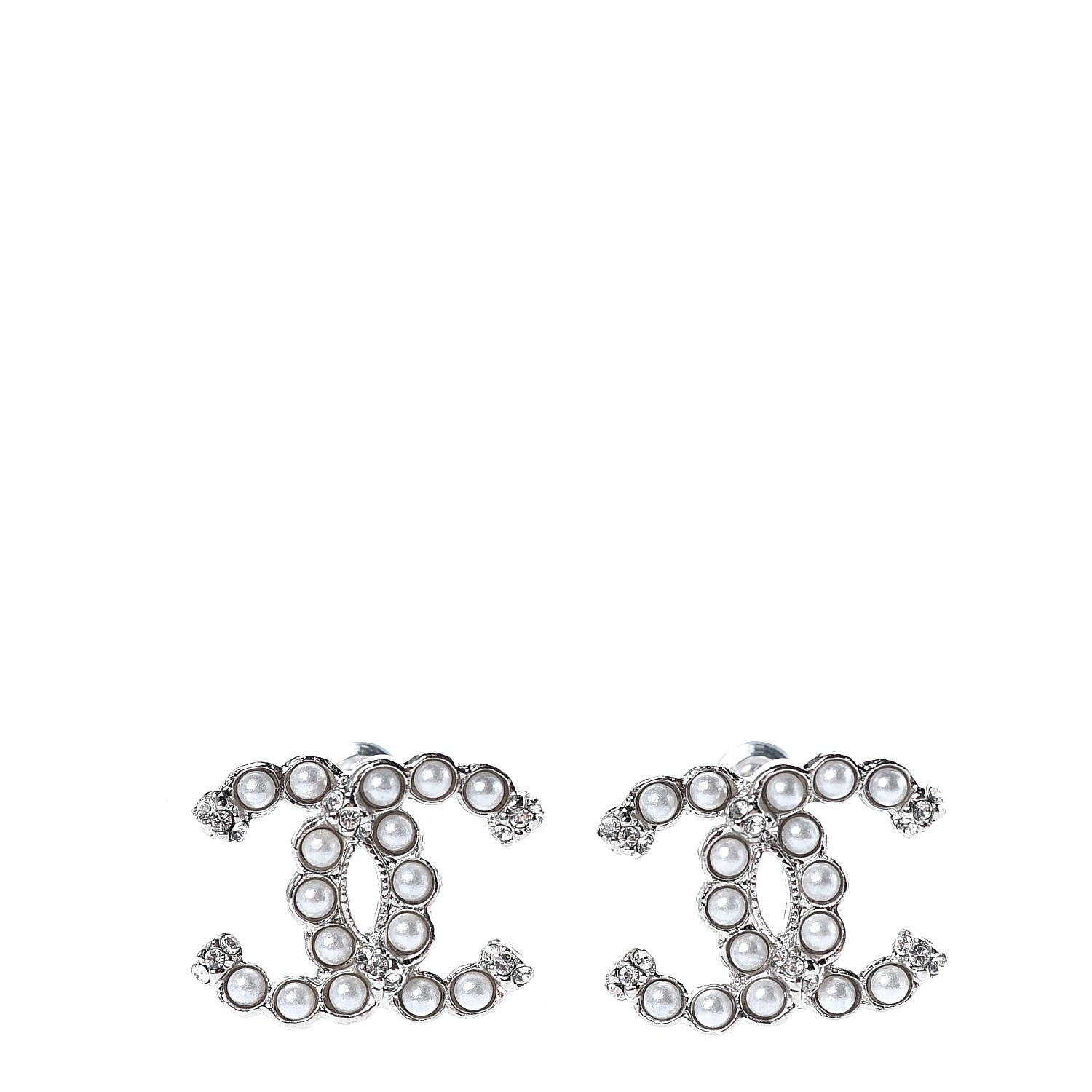 Chanel Pearl Crystal CC Regalia Small Button Earrings Silver 1 of 5