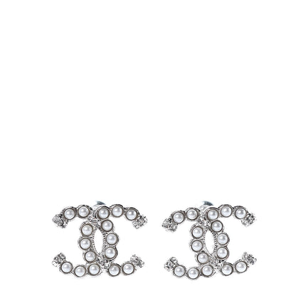 Chanel Pearl Crystal CC Regalia Small Button Earrings Silver 1 of 5
