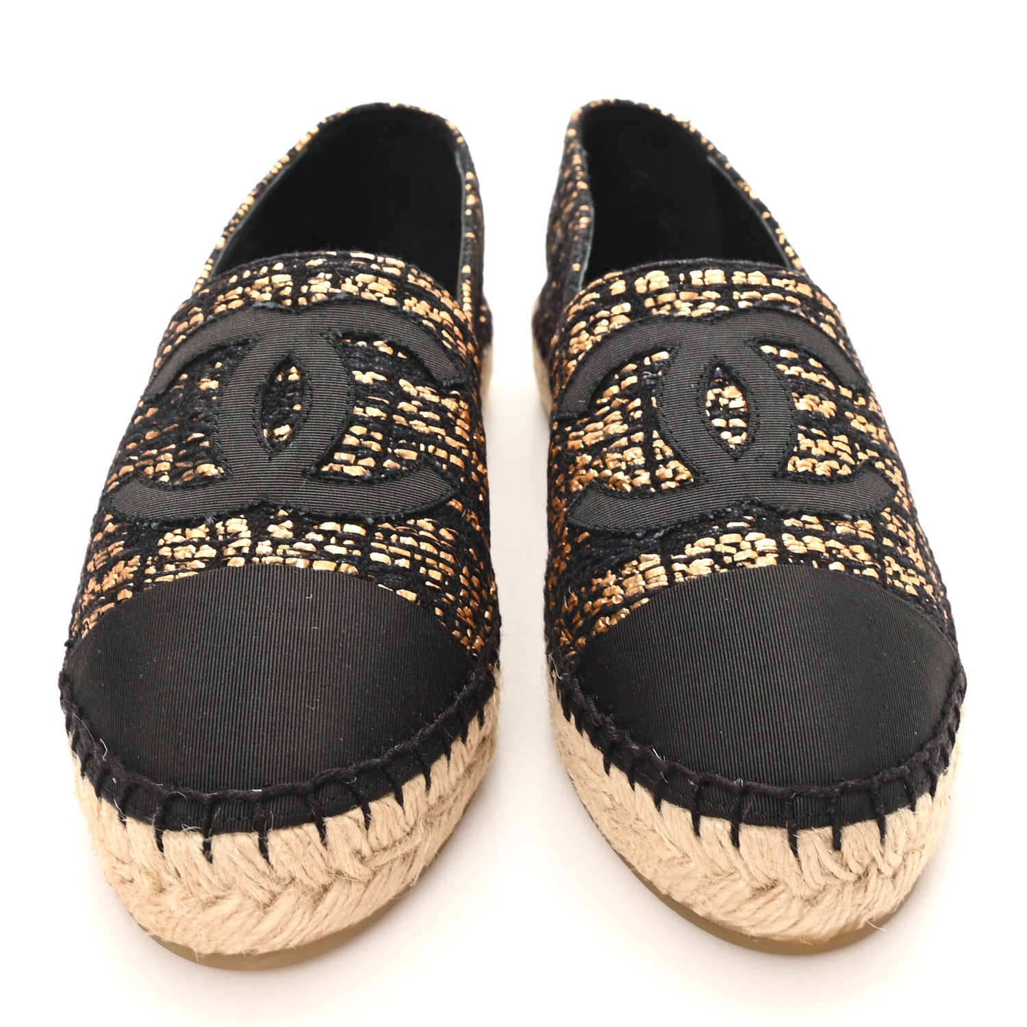 Chanel Metallic Tweed Grosgrain CC Espadrilles 38 Gold Black 3 of 11