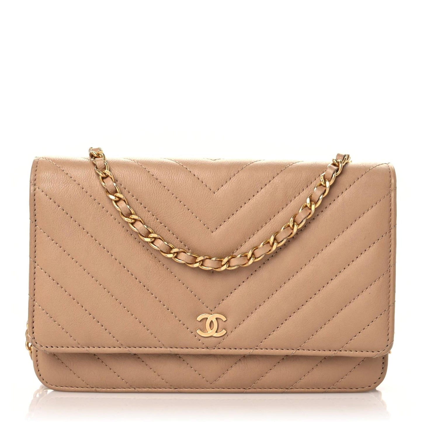 Calfskin Chevron Quilted Wallet On Chain WOC Beige