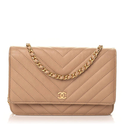 Chanel Calfskin Chevron Quilted Wallet On Chain WOC Beige 1 of 19