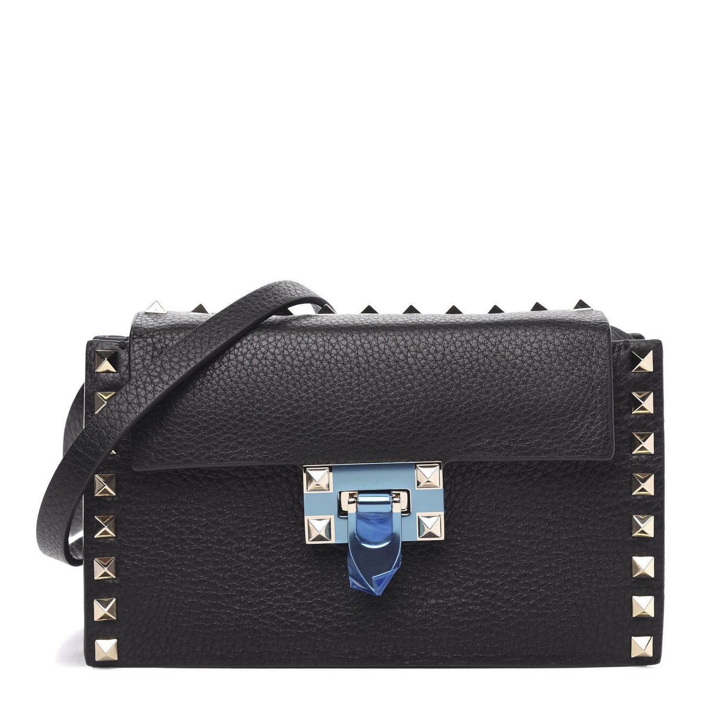 Pebbled Calfskin Small Rockstud Overlay Flap Shoulder Bag Black
