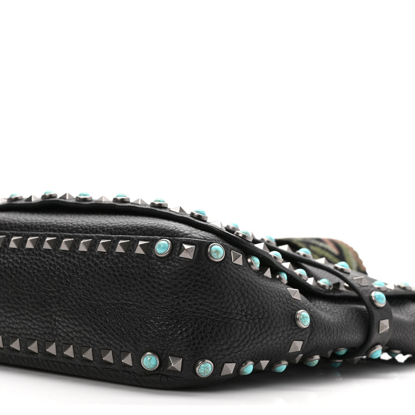 Pebbled Calfskin Rockstud Rolling Flap Messenger Bag Black