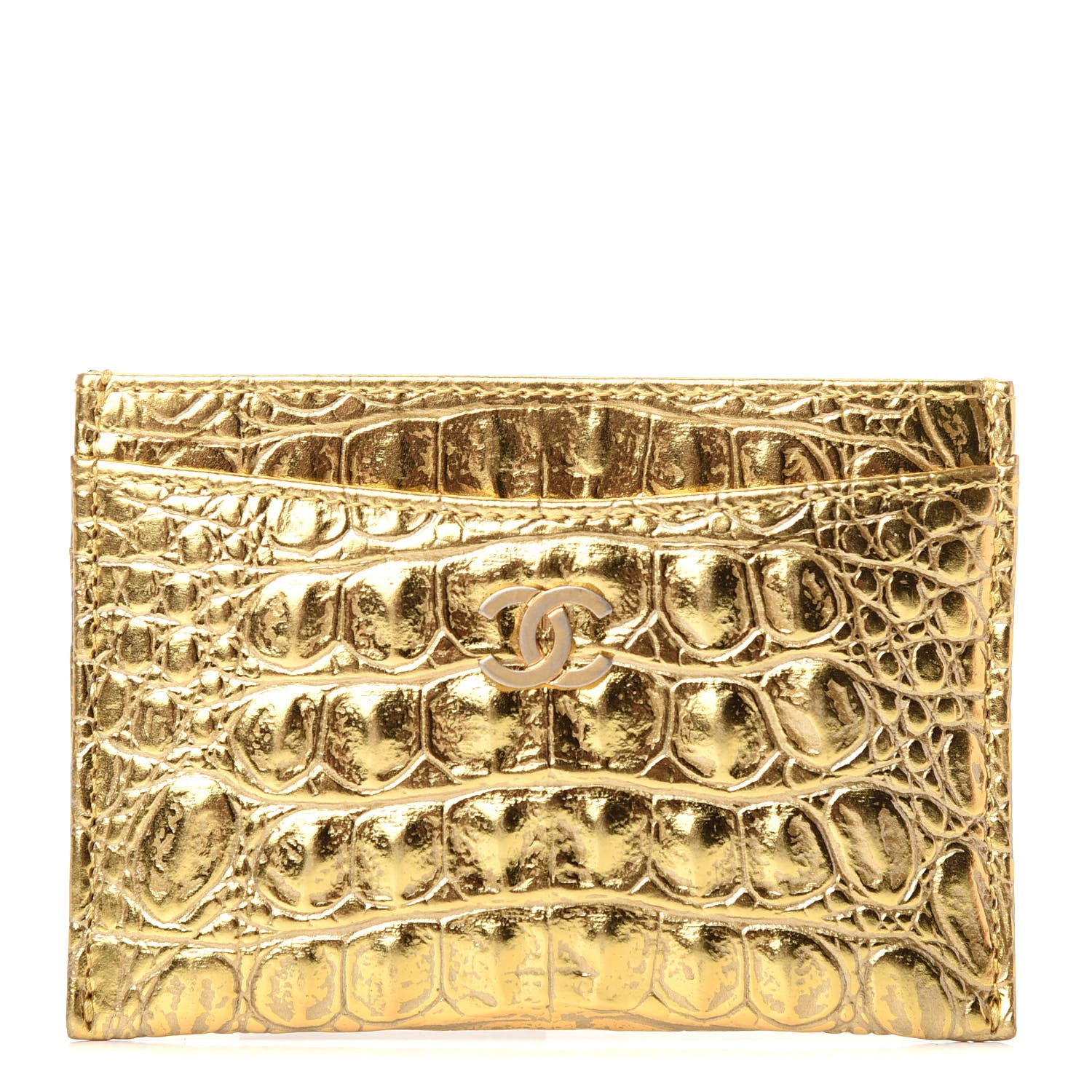 Chanel Metallic Calfskin Crocodile Embossed Cocodile Card Holder Gold 1 of 8