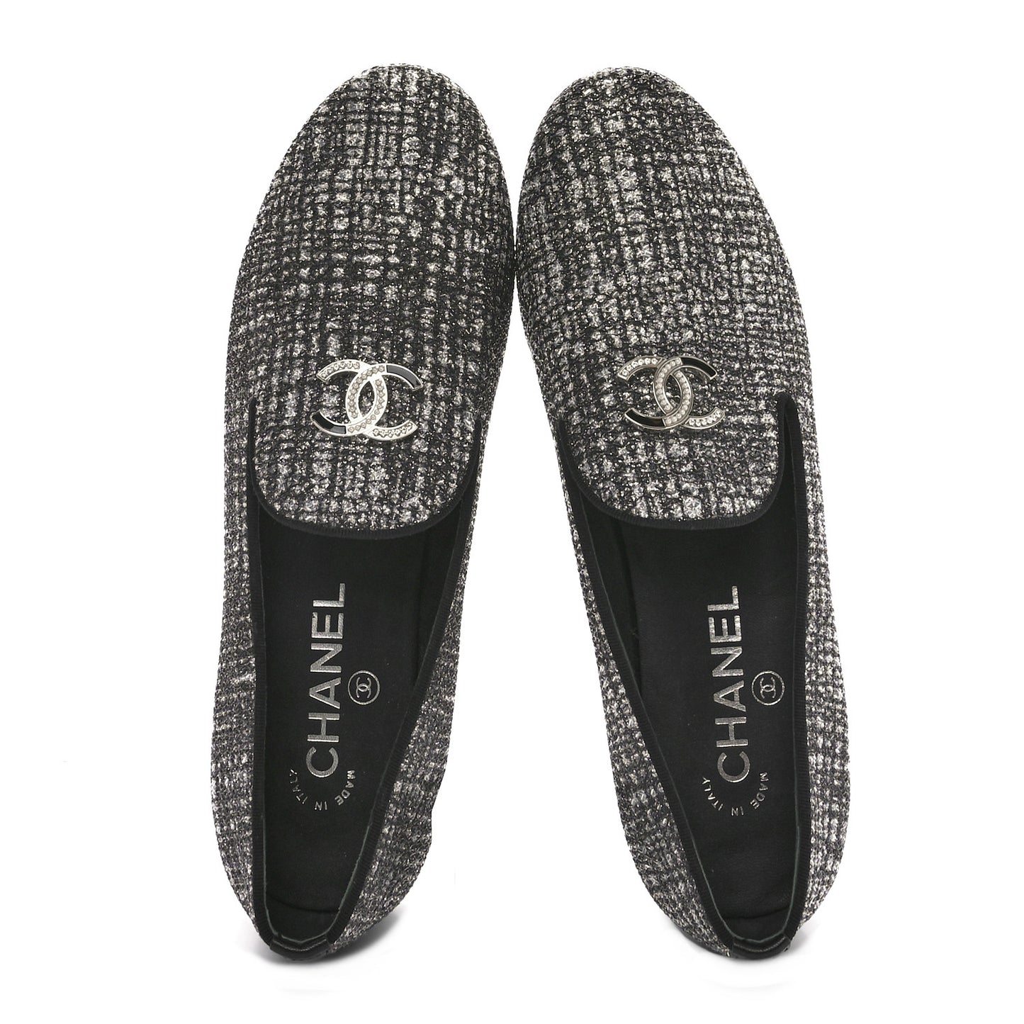 Fantasy Fabric Grosgrain CC Mocassin Loafers 37.5 Silver Black