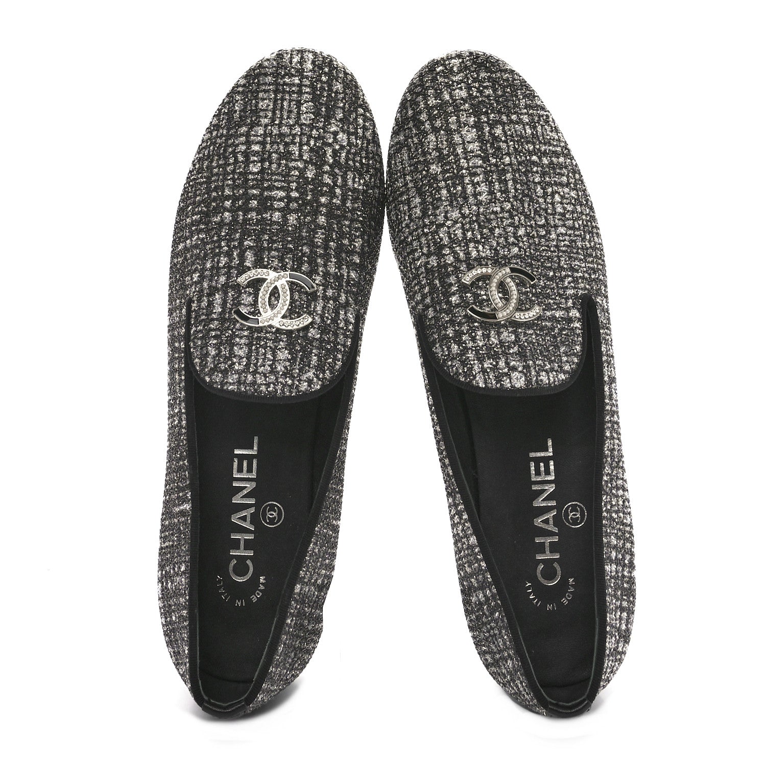 Chanel Fantasy Fabric Grosgrain CC Mocassin Loafers 37.5 Silver Black 2 of 9