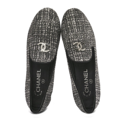 Chanel Fantasy Fabric Grosgrain CC Mocassin Loafers 37.5 Silver Black 2 of 9