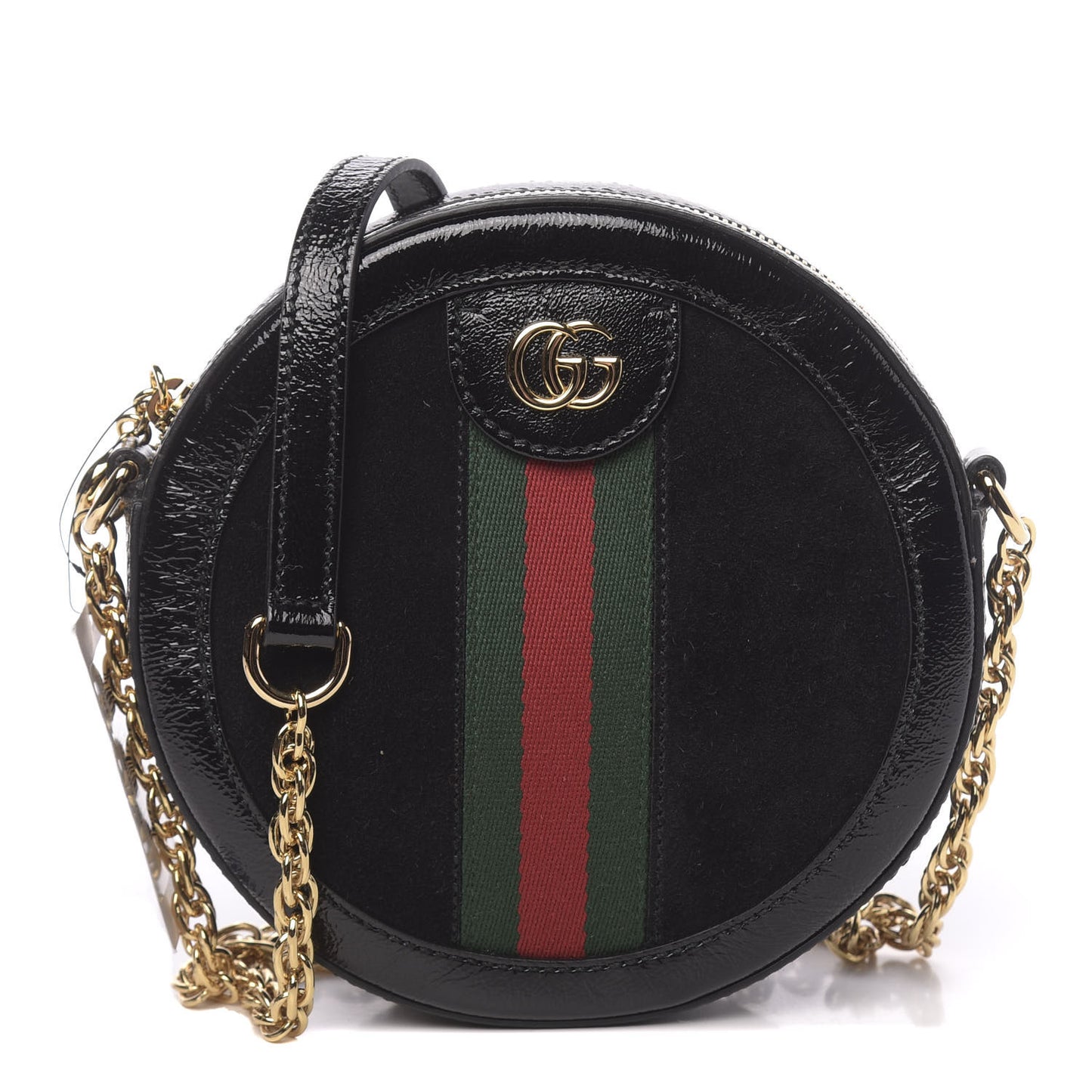 Suede Patent Web Mini Ophidia Round Shoulder Bag Black