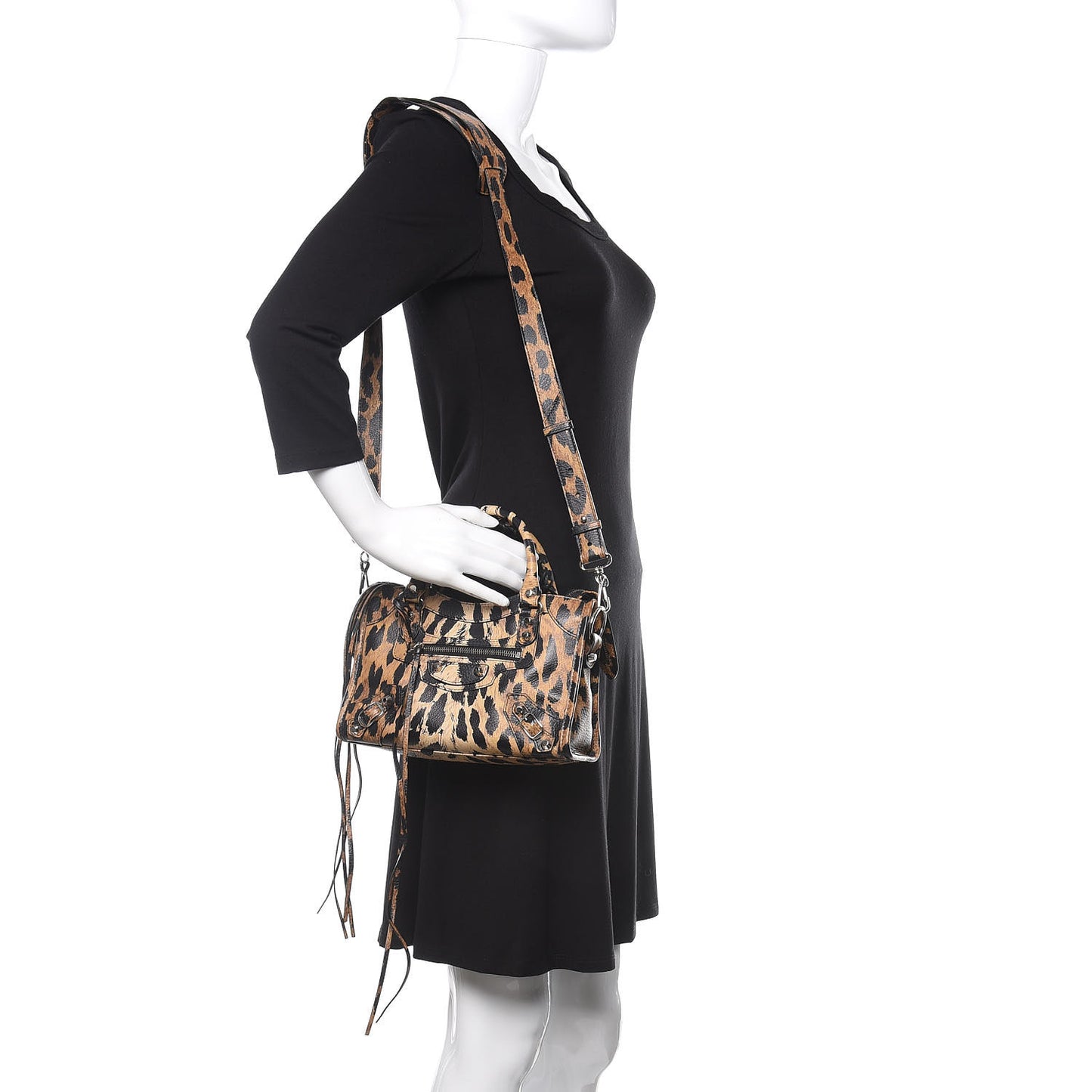 Smooth Calfskin Leopard Print Classic Silver Hardware Mini City Beige