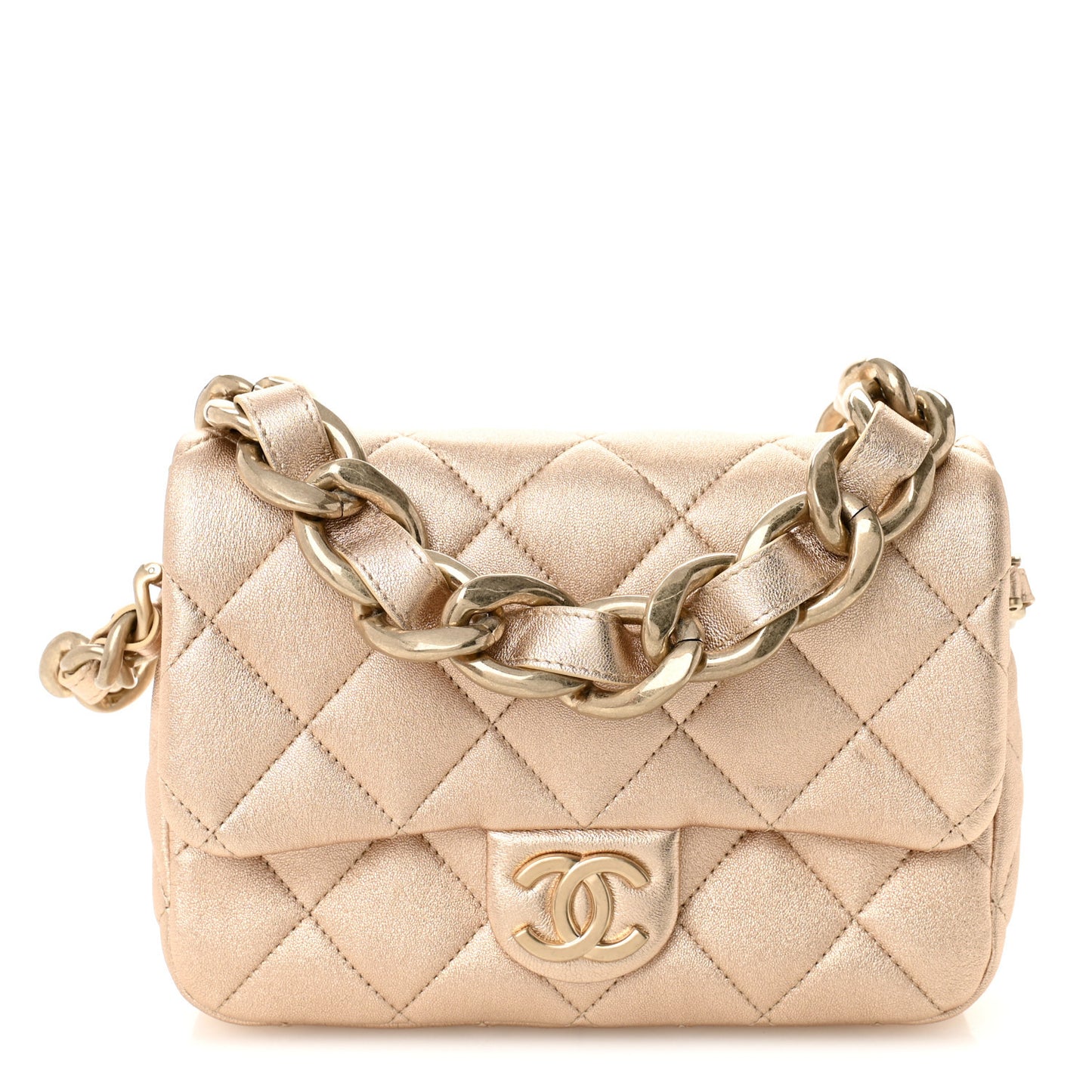 Metallic Lambskin Lacquered Quilted Small Flap Gold