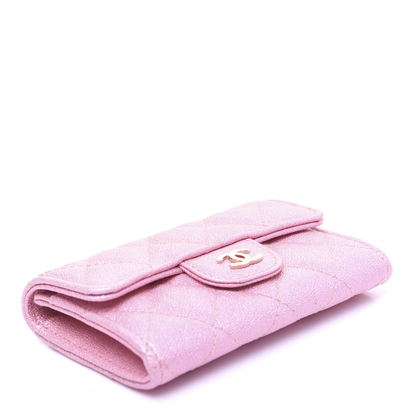 Iridescent Caviar Quilted Flap Card Holder Rose Pink