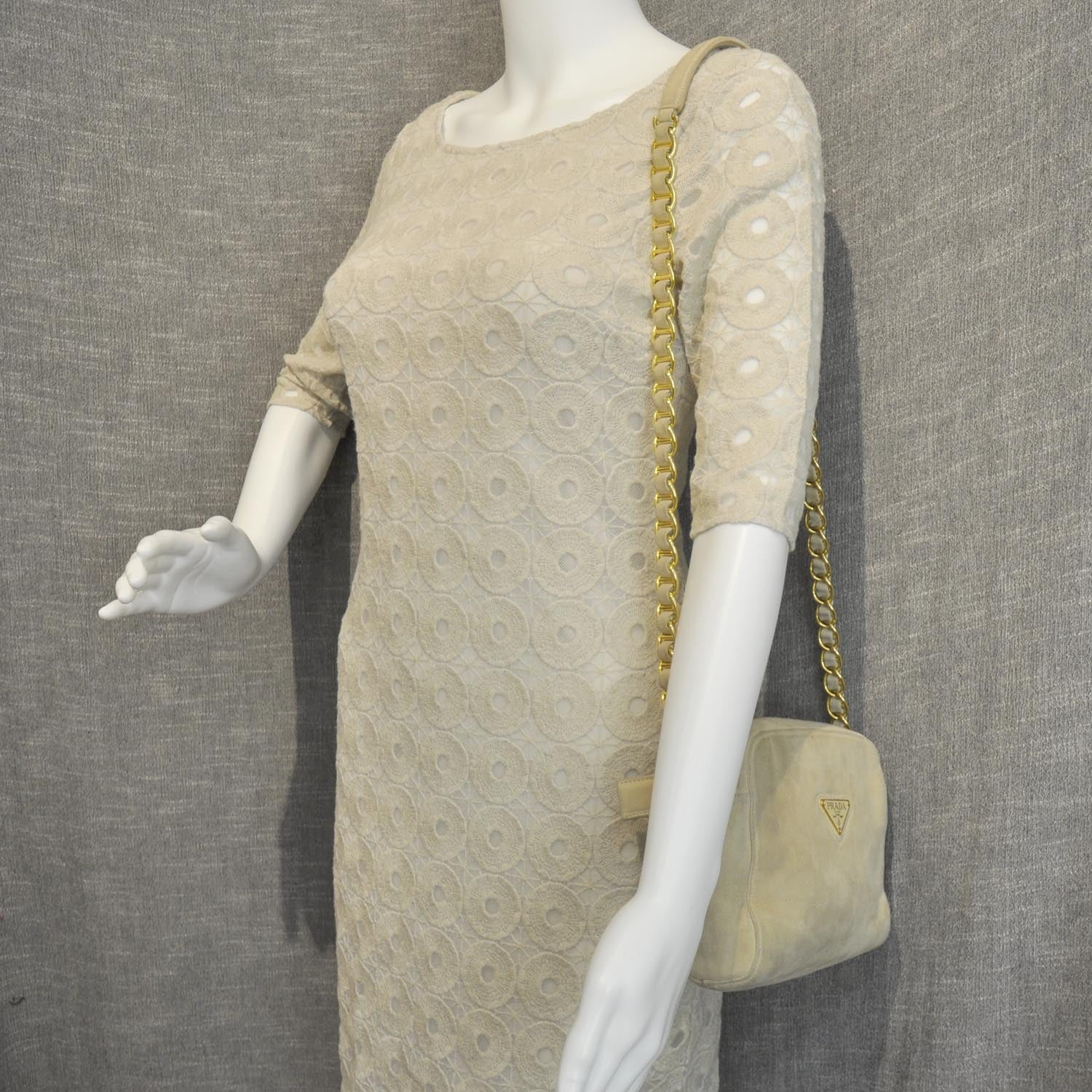 Prada Suede Scamosciato Shoulder Bag Beige 4 of 10